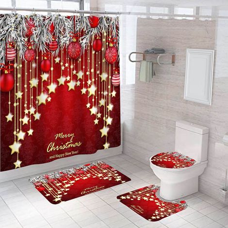 Set Salle De Bain Noel - Rideau De Douche 180x180 Cm - Tapis De Bain 75x45 Cm - Couvre-Cuvette 45x39 Cm - Tapis En U 45x40 Cm - 4 Pièces (1/2)