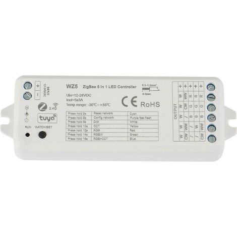 Contrôleur LED Zigbee Wz5 Tuya, variateur 5 en 1 DC12V/24V, compatible avec les bandes LED RGB, RGBWW et RGBCCT. (1/5)