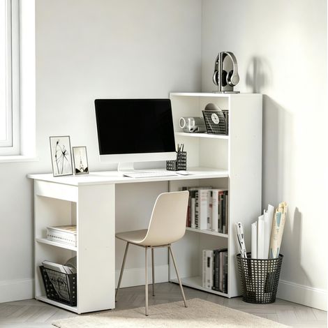 Escritorio 120x55x120 cm de tablero de partículas blanco con estantería integrada - MEUBLIV (1/5)
