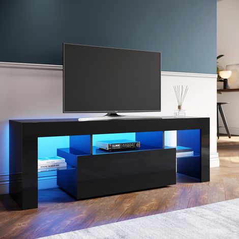 ELEGANT Modern High Gloss TV Stand Cabinet with LED Light Living Room Bedroom Furniture Television Unit TV Cabinet for Media Storage 1300mm Black TV cabinet Style 2 (1/5)