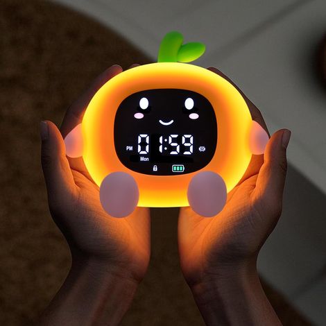 Sveglia arancione, luce notturna fruttata, multifunzionale, LED, sensibile al tocco, in silicone, con timer, luce notturna soffusa e supporto per telefono.