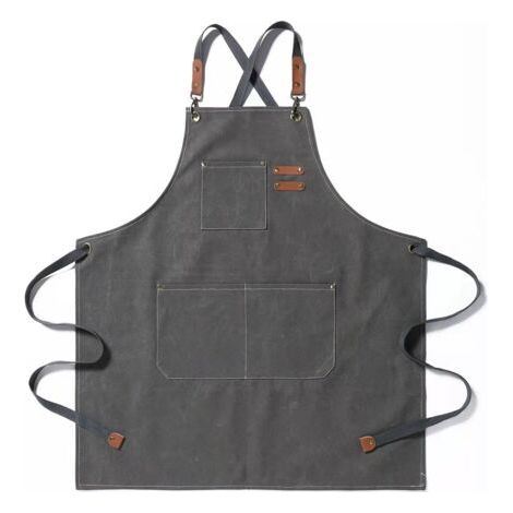 Tablier de chef, tablier de jardinage en toile de coton avec grandes poches pour hommes et femmes, bavoir de cuisine, tablier de jardin réglable robuste-Gris
