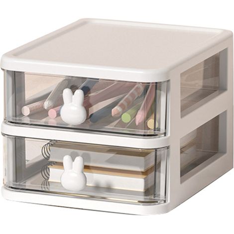 Boîte de Rangement de Bureau Transparente à Poignée Lapin, Organisateur de Tiroirs pour Fournitures de Bureau, Grande Capacité, 2 Niveaux (13.4x17x11cm) (1/5)