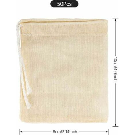 50 sacs en mousseline de coton réutilisables avec cordons de serrage, adaptés pour filtrer les produits laitiers, les épices et les liqueurs (8 x 10 cm). (1/3)