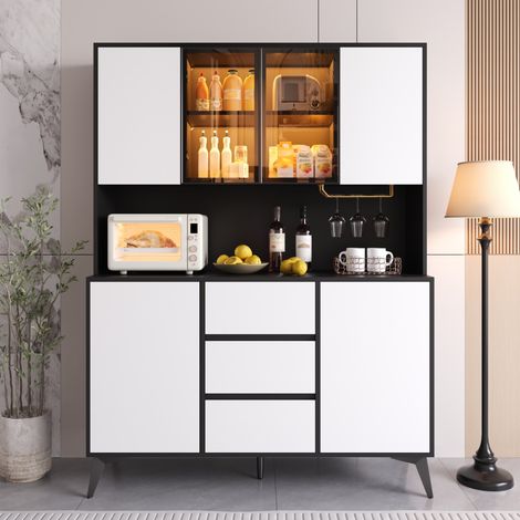 Aparador alto con vitrina LED, 120x40x160 cm, 2 puertas, 3 cajones, MDF, blanco y negro (1/5)