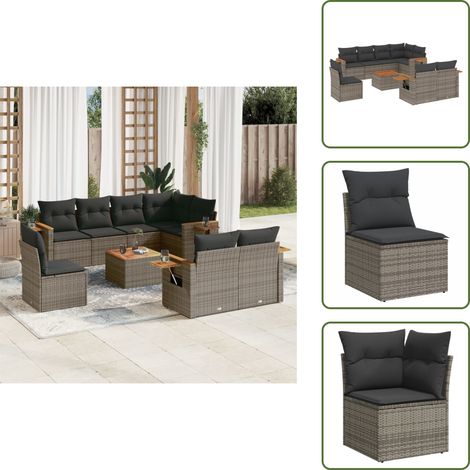 9-tlg. Garten-Sofagarnitur mit Kissen Grau Poly Rattan - Gartenmöbel - Lounge Set - Rattan Möbel - Outdoor Möbel - Esszimmergarnitur (1/5)
