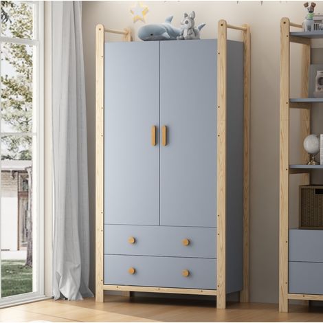 Armoire 2 portes en MDF/bois massif bleu et naturel 89,6x44x180,5 cm avec penderie et 2 tiroirs (1/5)