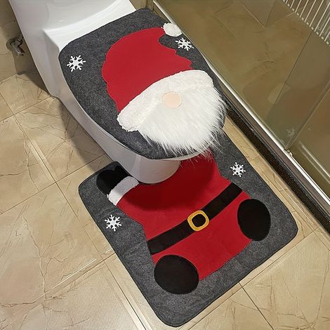 Ensemble de 2 pièces pour salle de bain de Noël : housse de siège de toilette, bonhomme de neige, Père Noël et nain, et tapis assorti (1/5)