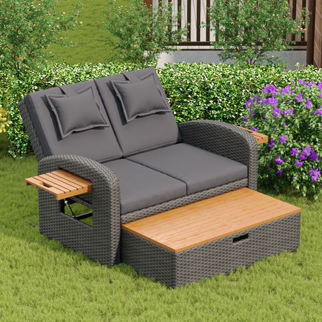 Salon de jardin avec dossier réglable - Canapé lounge en rotin PE - avec 2 tables d'appoint en acacia + repose-pieds de rangement - Gris & Naturel