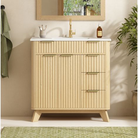 Meuble de salle de bains avec lavabo en céramique, 81 x 47 x 90 cm, 3 tiroirs, bois naturel OKMYHOME (1/5)
