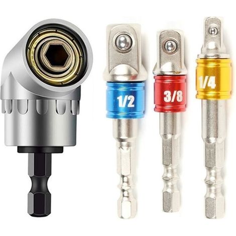 Lntyq 1pc Foret à Angle Droit et 3pcs Adaptateur Douille 1/2"3/8"1/4" Kit Renvoi d'angle Visseuse de 105 Degrés Magnétique Changement Rapide Perceuse Electrique Acce