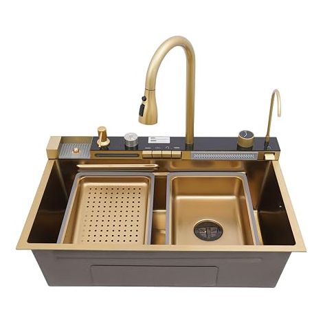 Évier de cuisine multifonction cascade robinet amovible plusieurs variantes de bec avec nettoyant pour tasses et distributeur de détergent 75 x 46 x 22 cm Doré (1/5)