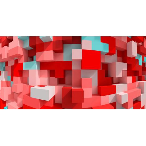 Papier peint panoramique original cube bleu & rouge | Tapisserie panoramique chambre ado | Papier peint panoramique 3D géométrique chambre enfant - 250 x 500 cm (5 pièces) (1/2)