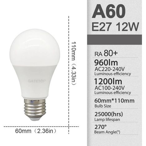 8 ampoules LED A60 12W 4000K, lumière du jour, culot E27, AC100-240V, pour éclairage intérieur chambre balcon (1/5)