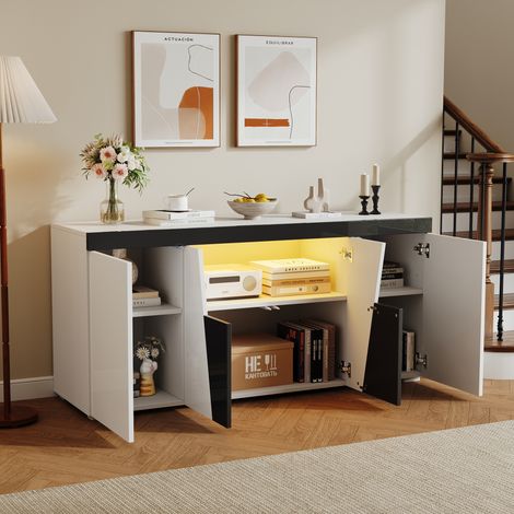 REDOM Sideboard 140x40x65 cm, 4 Türen, LED Lichtleiste per App, Hochglanz Front, Spanplatte, weiß schwarz (1/5)