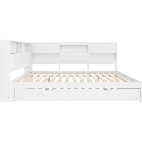 Lit banquette 140 x 200 cm blanc avec tête de lit de rangement et lit gigogne, sans matelas (1/5)