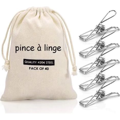 40 Pince à linge, Acier inoxydable, 62mm, Antidérapant, Résistant au vent, Sac de rangement, Intérieur et extérieur (1/5)