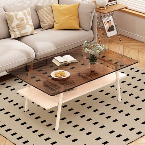 Table basse rectangulaire en verre trempé 98 x 58 x 42,5 cm marron et blanc OKMYHOME (1/5)