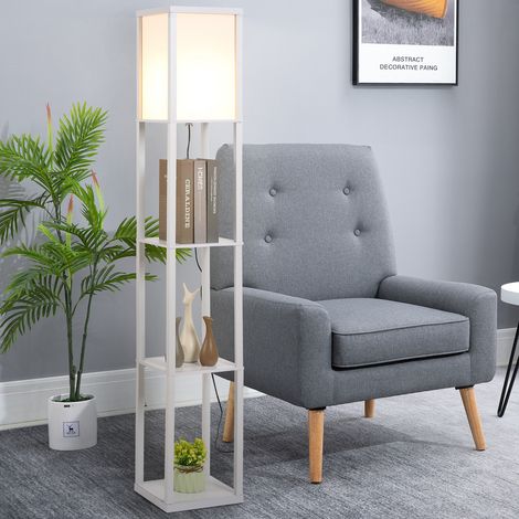 HOMCOM Stehlampe mit Ablagefächern, moderne Holzleuchte, E27-Leuchtmittel, für Wohnzimmer, Schlafzimmer, Büro, Weiß