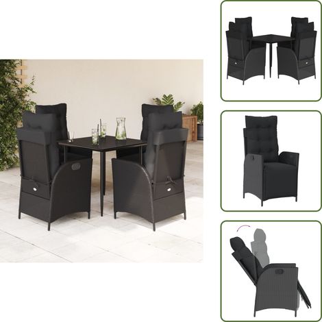 The Living Store Set da Pranzo da Giardino 5 pz Nero con Cuscini in Polyrattan - Sedie da giardino reclinabili