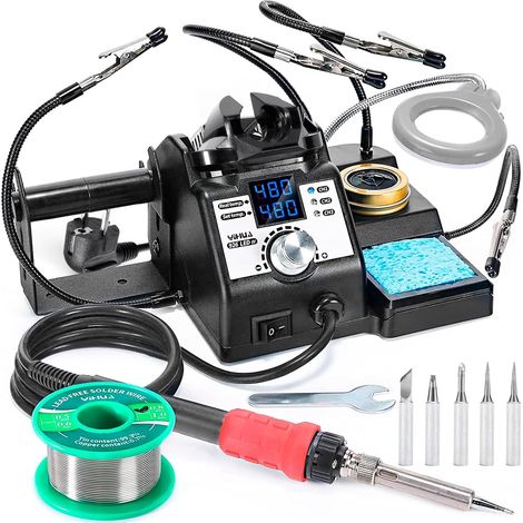 Station de soudure 110W EVO 90480°C Kit de soudure avec 4 mains secourables, 1 loupe avec éclairage LED, 5 pannes à souder supplémentaires, 50g de fil à souder sans plomb (1/5)