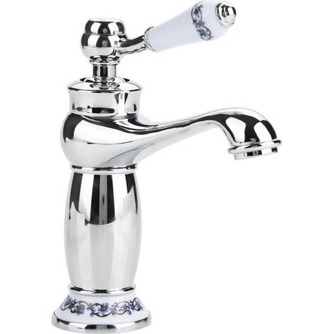 Robinet de salle de bains vintage en laiton avec poignée porcelaine bleu et blanc, mitigeur lavabo eau chaude/froide, design antique chromé élégant (1/4)
