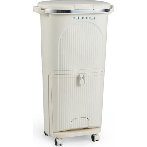 Poubelle de cuisine beige 10 gallons en PP avec 2 seaux amovibles, couvercle à pédale et roulettes pour cuisine et salle à manger (1/5)