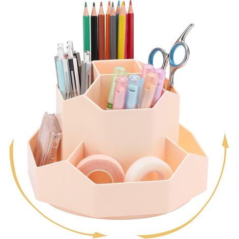 Portalápices giratorio, organizador de escritorio de 9 compartimentos, portalápices multifuncional, portalápices hexagonal para oficina en casa (rosa) (1/5)