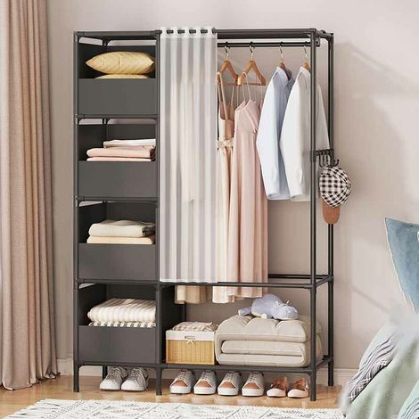 Armoire de rangement penderie 170x105x45cm en noir – Métal résistant avec placage chromé – 4 étagères en tissu non tissé