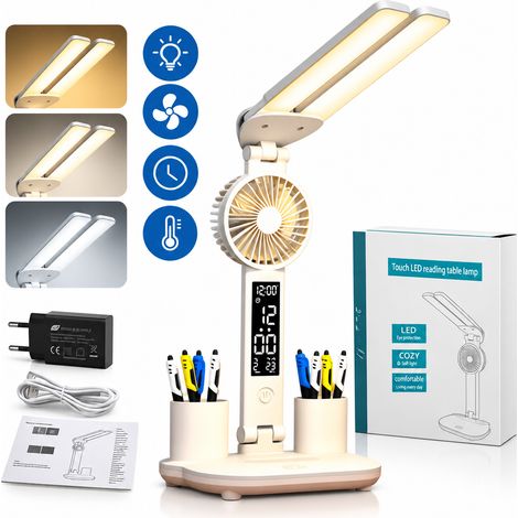 Lampe de Bureau LED avec Ventilateur – Pliable et Tactile, Intensité Réglable – Écran Numérique avec Heure, Date et Température – Anti-Éblouissement – 2 Porte-Stylos