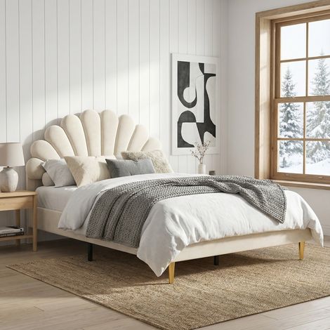 Letto matrimoniale in velluto 140x200 cm, testiera a conchiglia, rete a doghe e gambe in metallo dorato, stile elegante e moderno - Beige (1/5)