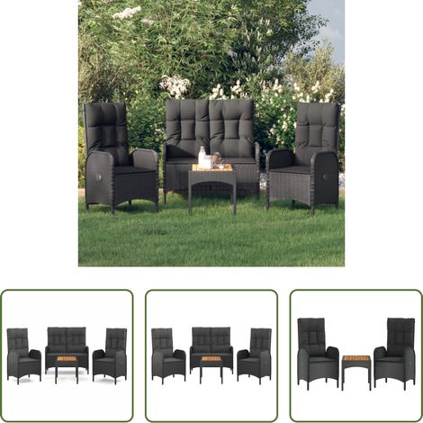 Gartenstuhl - 4-tlg. Garten-Essgruppe mit Kissen Schwarz Poly Rattan (1/5)
