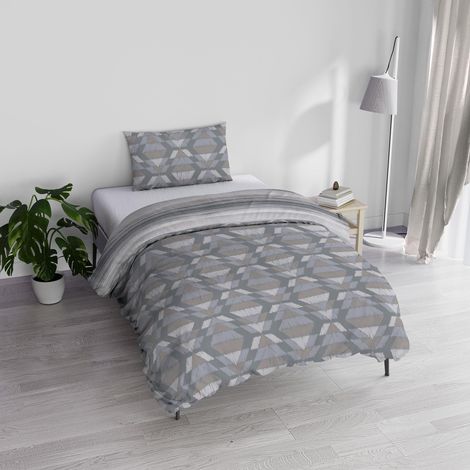 Parure Housse de Couette avec Sac et taies d'oreiller imprimés, BELEK Gris, Simple (1/3)