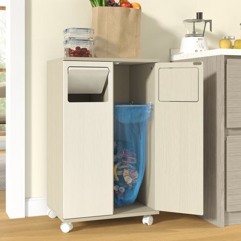 Mueble cubo de basura de 2 compartimentos con ruedas, efecto madera clara, 46,7 x 35 x 80,3 cm (1/5)