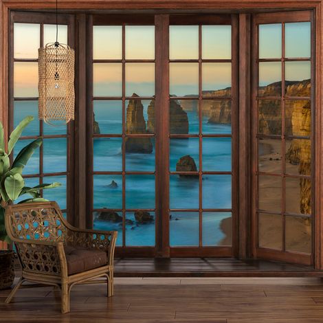 Papier peint panoramique Trompe l'oeil Fenêtre en bois - Falaises - 195 cm x 156 cm (1/5)
