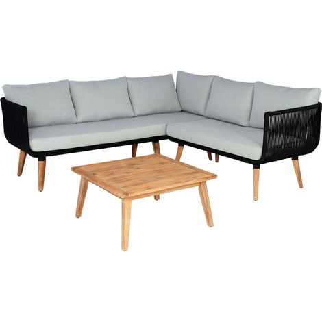 Garten-Garnitur HHG-119, Garnitur Sitzgruppe Lounge-Set Sofa, Akazie Holz MVG-zertifiziert Polster hellgrau