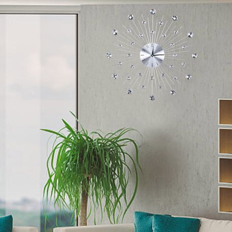Horloge murale argentée métallisée scintillante pour salon ou bureau (strass argenté) (1/5)