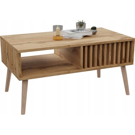 Table basse scandinave, lamelles, chêne, Wotan, table de style loft avec étagère (1/5)