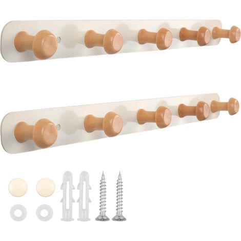 2 Pièces Porte Manteau Mural en Bois, Patère Murale avec 5 Crochets - 36 cm - Blanc Crème - Hêtre Naturel Crochet Porte Manteau