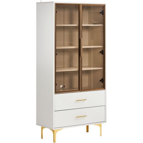 Zqoyn Élégante vitrine à deux portes - 70 x 35 x 150 cm - portes en verre, pieds dorés, étagères réglables, vitrine avec éclairage LED intégré, armoire, vitrine, armoire haute (1/5)
