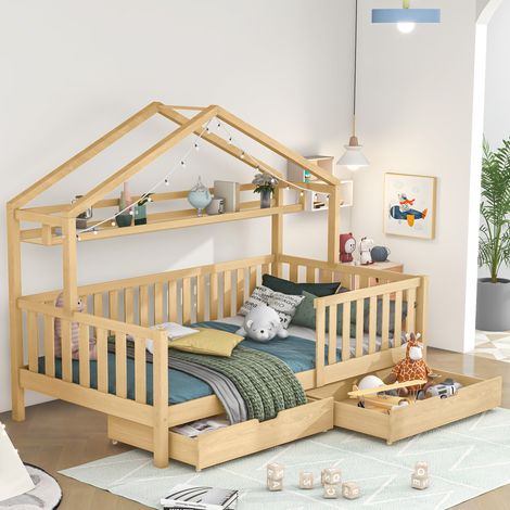 Lit cabane en bois massif - 90x200cm - avec 2 tiroirs et étagères - Naturel (1/5)