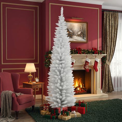 Sapin de Noël artificiel étroit de 210 cm avec 499 branches et base amovible, facile à monter, blanc