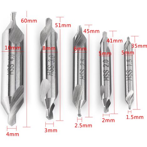 5pcs Foret à Centrer Foret à Deux Extrémités 60 Degrés 1.5/2.0/2.5/3.0/4.0mm (1/5)