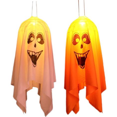 Lot de 2 décorations d'Halloween : fantômes suspendus avec lumière LED, ornements lumineux pour jardin, arbre ou terrasse. (1/5)