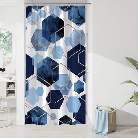 Rideau de douche motif géométrique pour salle de bain, moderne bleu, imperméable, 90 x 180 cm (1/5)