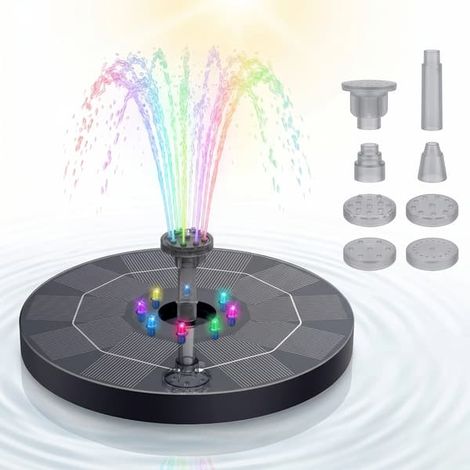 Pompe à fontaine solaire avec éclairage LED - idéale pour le jardin, l'abreuvoir à oiseaux et le bassin, avec de multiples jets d'eau. (1/3)