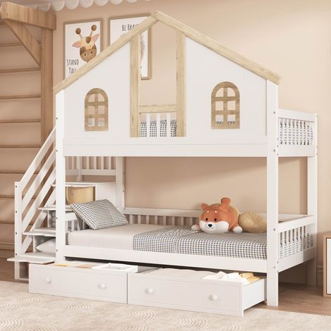 Lit superposé enfant 90x200 cm Lit cabane avec escalier 4 rangements 2 tiroirs sur roulettes Pin et MDF certifié EN747 Blanc+Naturel (1/5)