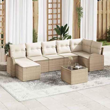 Canapé de jardin modulaire 8 places en poly rotin beige avec coussins amovibles, pieds réglables et table (1/5)