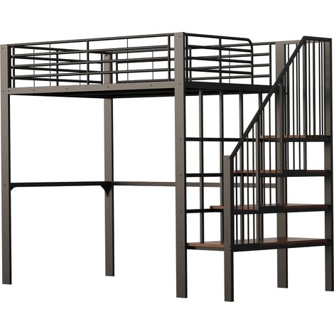Lit mezzanine 140 x 200, structure métallique stable avec grand espace de rangement sous le lit et escalier, idéal pour enfants et adultes, lit de rangement pour une efficacité maximale de l'espace (1/5)