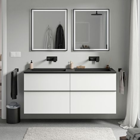 BERNSTEIN - Meuble de salle de bain avec vasque fonte minérale, 4 tiroirs et poignées métal - 120x45,5x62cm (LxPxH) - LAVOA - Couleur meuble, Lavabo et poignée : Blanc mat, Anthracite mat, Noir mat sa